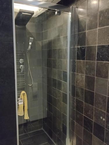 bagno con doccia e porta in vetro di La Maïta a Monginevro
