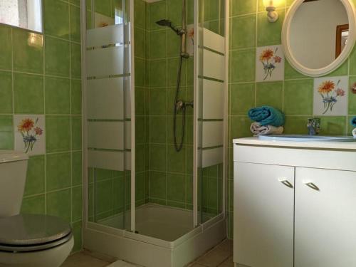 a bathroom with a shower and a toilet and a sink at Gîte familial avec piscine, jardin clos, équipements bébé, animaux acceptés, Chadurie - FR-1-653-61 in Chadurie