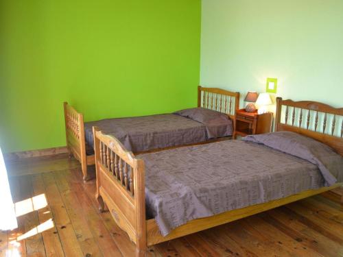 Cette chambre comprend 2 lits dans une chambre dotée de murs verts et de parquet. dans l'établissement Gîte Champagne-Vigny, 4 pièces, 6 personnes - FR-1-653-90, 