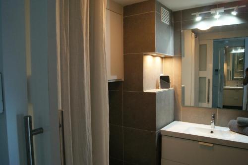 een badkamer met een wastafel en een spiegel bij Grand Studio « Blue Sunset » mer, plage, piscine. in Marigot