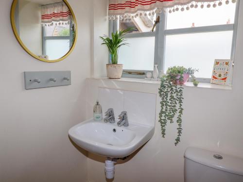 Pheasant Cottage في أوكهام: حمام مع حوض ومرآة ومرحاض