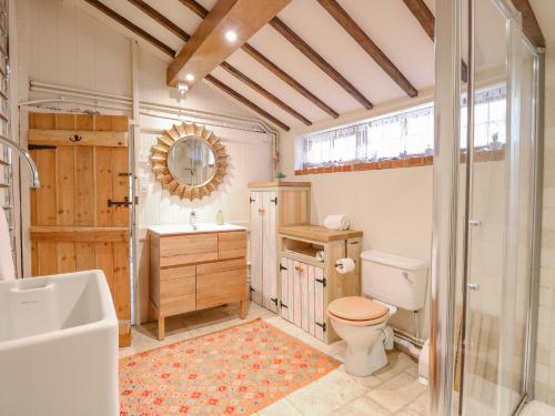 a bathroom with a toilet and a shower and a sink at Manor Farm House in Norwich