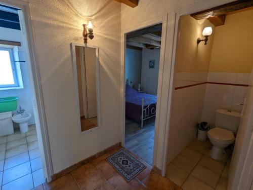 a bathroom with a toilet and a sink and a mirror at Gîte de charme avec jardin, proche d'Aubeterre-sur-Dronne, pour 6 pers., cheminée, WIFI, équipements bébé - FR-1-653-116 in Bellon