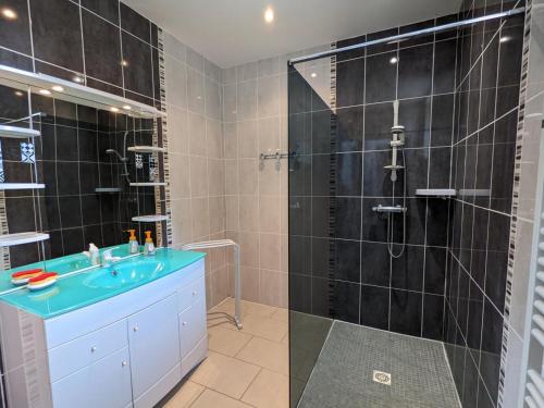 a bathroom with a shower and a blue sink at Gîte charmant au cœur d'un château historique avec parc, proche de Cognac, idéal famille et nature - FR-1-653-167 in Cherves-de-Cognac