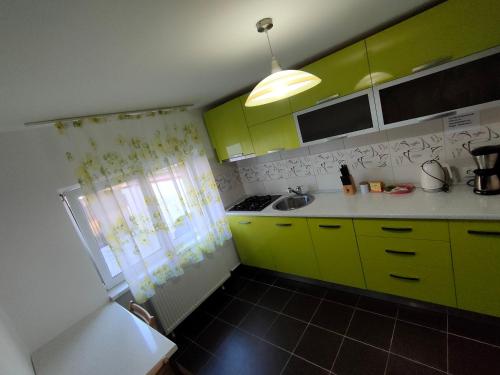 uma cozinha com armários verde lima e um lavatório em "Apartament"-Casa Genius em Ploiesti