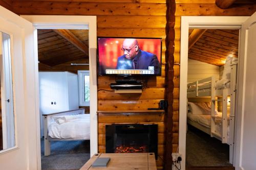 a living room with a fireplace and a tv at Mountain View Log Cabin - Snowdonia in Tanygrisiau