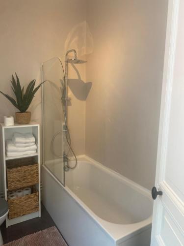 a bathroom with a tub and a shower with a glass door at LE MATISSE Appartement de 60m2 au centre de Cambrai terrasse plein sud in Cambrai