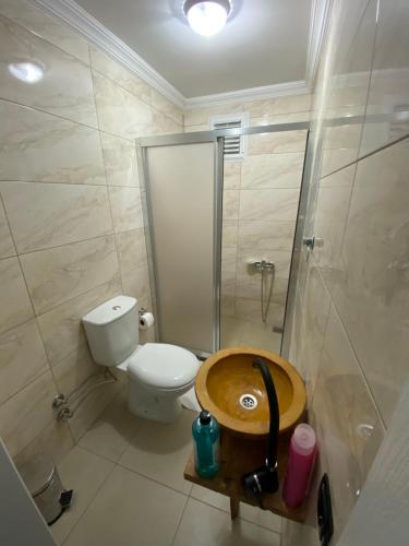 uma casa de banho com um WC, um chuveiro e um lavatório. em Hobbitköy giresun em Giresun