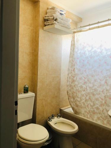 a small bathroom with a toilet and a shower at Studio Mitre Escobar in Belén de Escobar
