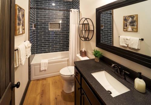 a bathroom with a sink and a toilet and a shower at Stunning View Luxury Heated Pool Arcade Theater 12 in Sevierville