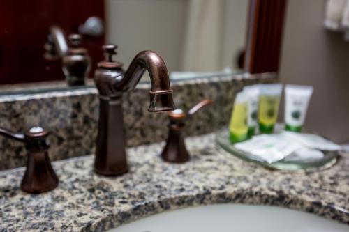 a bathroom sink with a faucet and a mirror at The Chalet in St. George