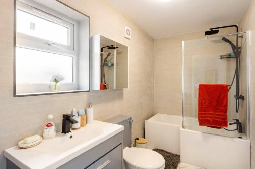 La salle de bains est pourvue de toilettes, d'un lavabo et d'une douche. dans l'établissement Cosy Brand new spacious 1 bed luxury apartment, à Birmingham