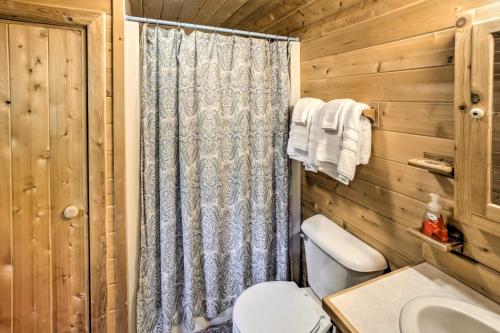 a bathroom with a toilet and a shower at Waterfront Lake Leelanau Log Cabin with Private Dock in Lake Leelanau
