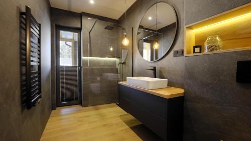 a bathroom with a sink and a mirror at BLACK ROCKS domki na wynajem in Nowy Sącz