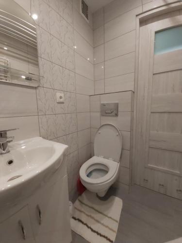 a white bathroom with a toilet and a sink at Mieszkanie nad Sanem in Przemyśl