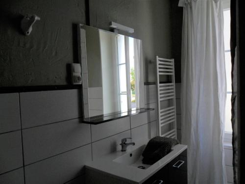 ein Bad mit einem Waschbecken, einem Spiegel und einem Fenster in der Unterkunft la cressonniere in Aulnay