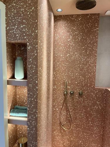 La salle de bains est pourvue d'une douche et d'une paroi en verre. dans l'établissement LUXURIOUS APARTMENT ON THE BEACH, à Saint-Laurent-du-Var