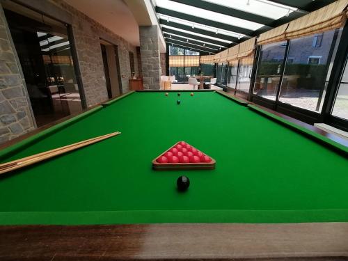 a green pool table with a red bowl on it at Au regard des biches in Sovet