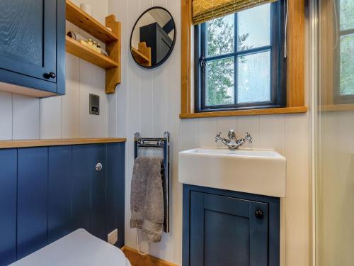 een badkamer met een wastafel en blauwe kasten bij The Dalesbred Hut - Uk40150 in Rathmell