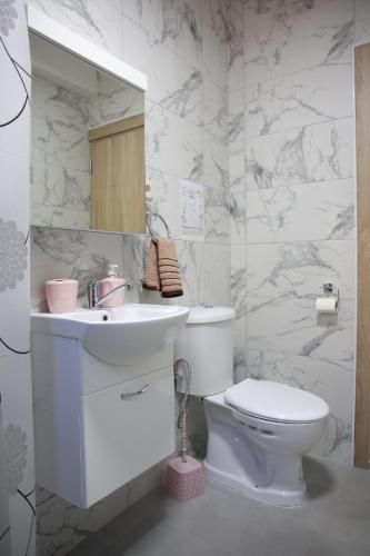 Baño blanco con aseo y lavamanos en Cavleski rooms, en Prilep