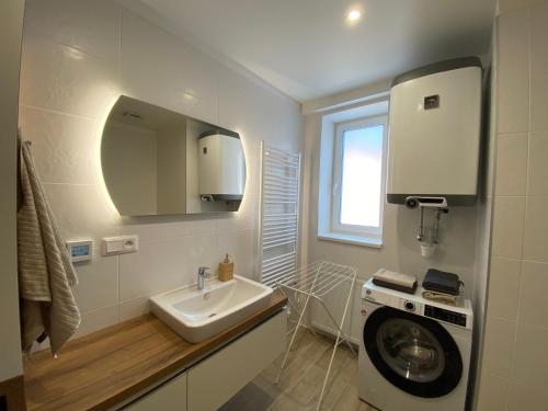 a bathroom with a sink and a washing machine at Apartment Petra Klinovec in Loučná pod Klínovcem