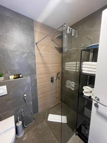a bathroom with a shower with a glass door at Residence 33 in Sarajevo