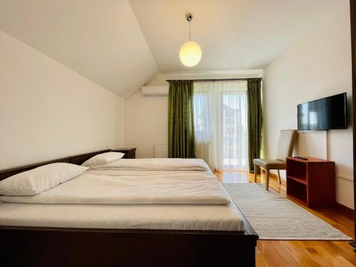 - une chambre avec un lit et une télévision à écran plat dans l'établissement Hermesvilla, à Băile Felix