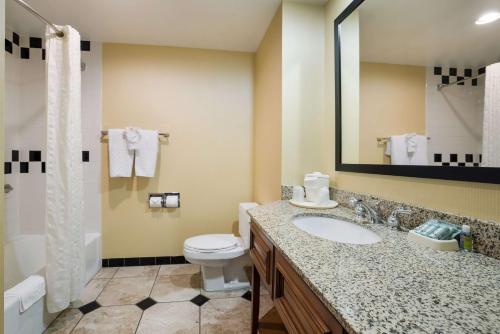 a bathroom with a sink and a toilet and a mirror at Best Western Grand Victorian Inn in Sayre