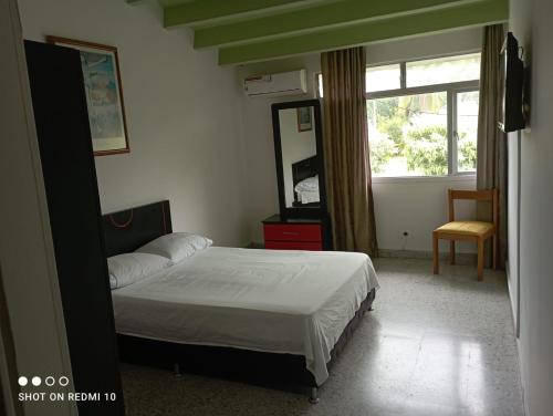 a bedroom with a bed and a large window at Hotel Albatros in Espinal