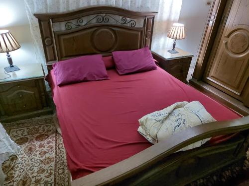 ein Schlafzimmer mit einem großen Bett mit lila Bettwäsche und Kissen in der Unterkunft Safe House in Kairo