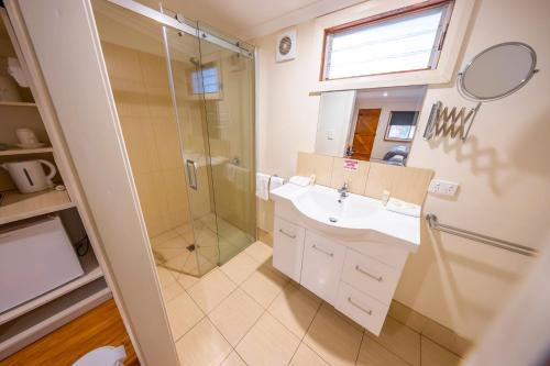 uma casa de banho com um lavatório e um chuveiro em The Silverton Hotel em Silverton
