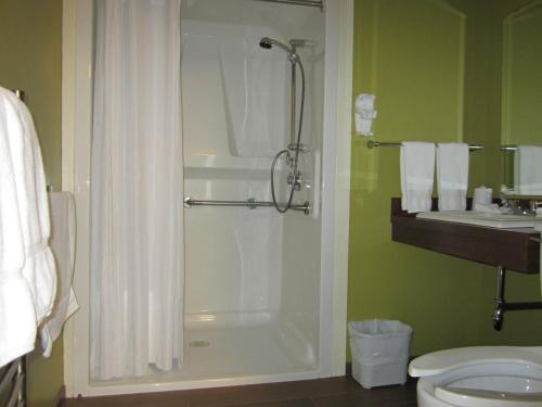 un bagno con doccia, WC e lavandino di Inn on the Harbour a Prince Rupert