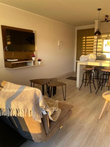 康康的住宿－Costa de Montemar，带沙发的客厅和带桌子的厨房