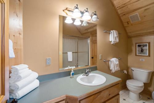 a bathroom with a sink and a toilet and a mirror at Mule Deer Cabin in West Yellowstone