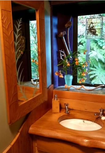 a bathroom with a sink and a mirror and a window at Forest Edge in Barrytown