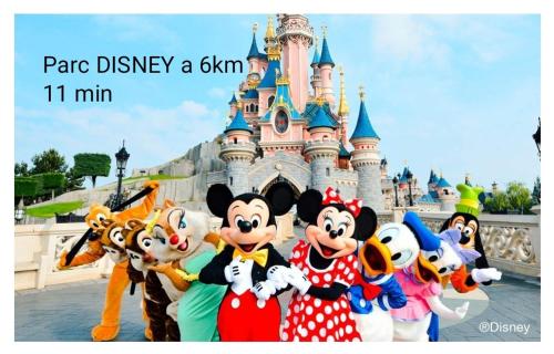 un grupo de personajes de Mario Disney frente a Disney Castle en Happy casita Disneyland Paris, en Chalifert