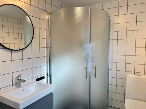 a shower in a bathroom with a sink and a mirror at Holiday home HJÄRNARP II in Hjärnarp