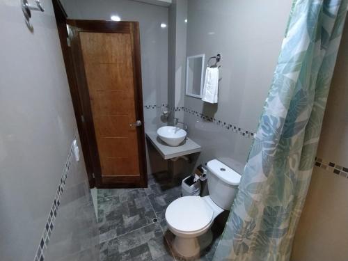 La salle de bains est pourvue de toilettes et d'un lavabo. dans l'établissement Urpi Hotel, à Paracas