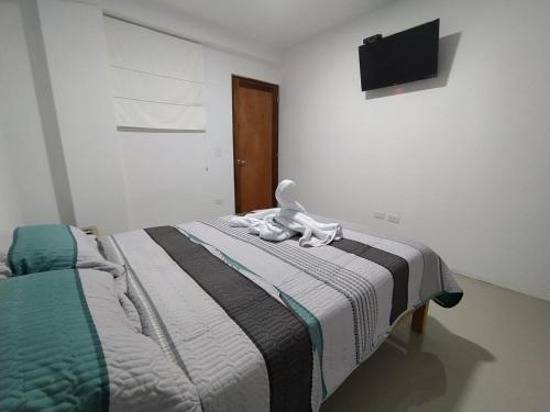 1 dormitorio con 1 cama y TV de pantalla plana en Urpi Hotel, en Paracas