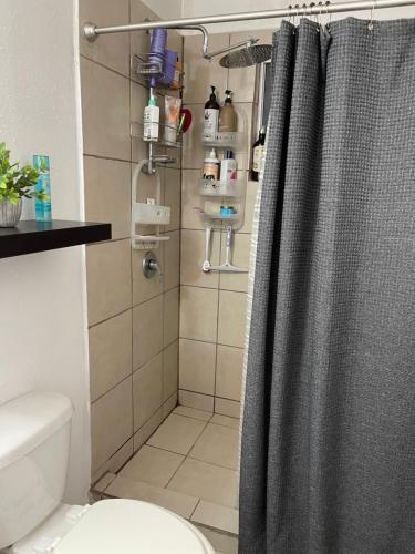 a shower with a shower curtain in a bathroom at Casa Luna 2 bedroom Condo 5 min to Border & Beach in Tijuana