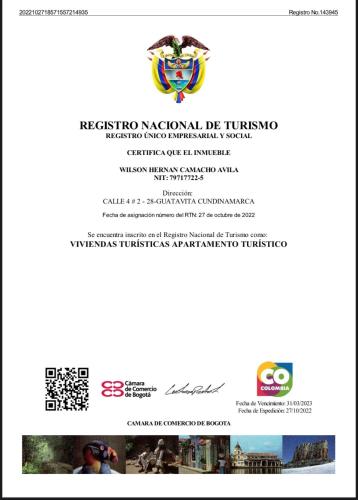 Certifikát, hodnocení, plakát nebo jiný dokument vystavený v ubytování Apartaestudio Guatavita