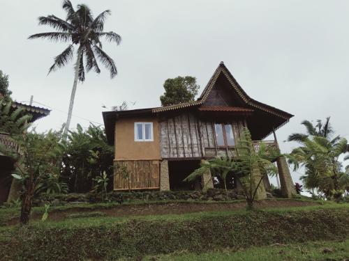 a house on a hill with a palm tree at D'Ume Bendoel Homestay in Jatiluwih