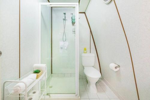 a white bathroom with a shower and a toilet at 'Bluey' a Tiny House A-frame Moments to Foreshore in Nightcliff