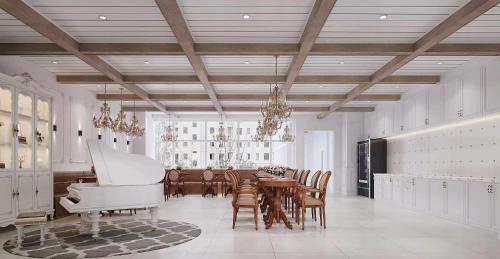 a dining room with a table and a white piano at Hangzhou Lighting Lanshan Youth Hostel in Hangzhou