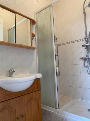 a bathroom with a sink and a shower at Charmante maison au calme dans le bourg in Targon
