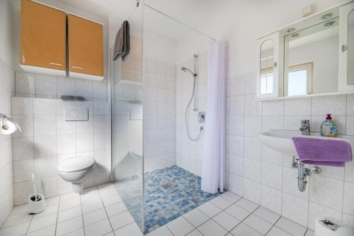 e bagno con doccia, servizi igienici e lavandino. di Hotel am Kirchplatz a Überlingen