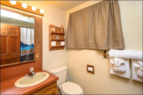 uma casa de banho com um lavatório, um WC e um espelho. em Chinook Nook em Hoodsport