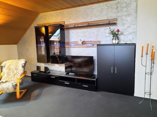 a living room with a black cabinet and a fireplace at Haus Am Waldesrand in Fichtelberg