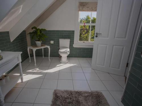 a bathroom with a toilet and a window and green tiles at Riverside Country House in Swellendam