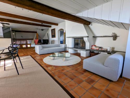 ein Wohnzimmer mit 2 Sofas und einem Kamin in der Unterkunft Domaine de la Crausaz in Grandvaux